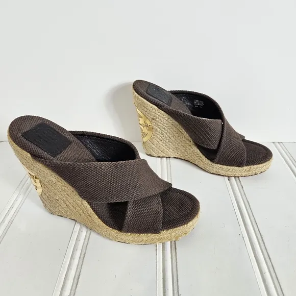 Tory Burch Sandals Womens Size 7 Kristen Brown Canvas Espadrille Platform Wedge