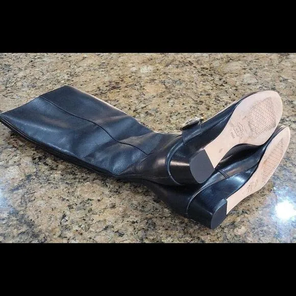 Tory Burch Sofia Wedge Tall Zip Boot Black Gold Leather Womens Shoes Sz 5.5 $528
