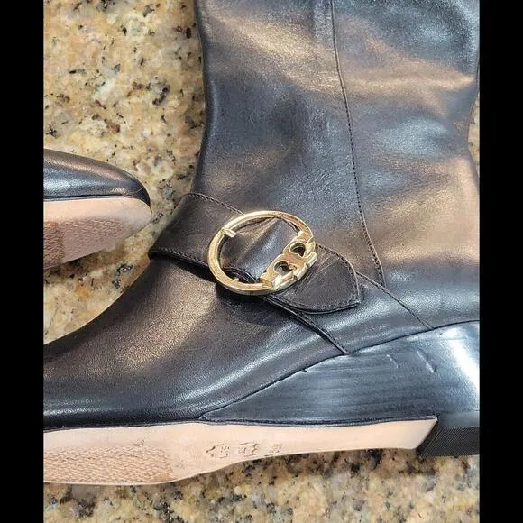 Tory Burch Sofia Wedge Tall Zip Boot Black Gold Leather Womens Shoes Sz 5.5 $528