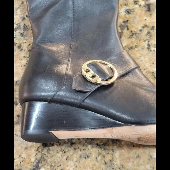 Tory Burch Sofia Wedge Tall Zip Boot Black Gold Leather Womens Shoes Sz 5.5 $528