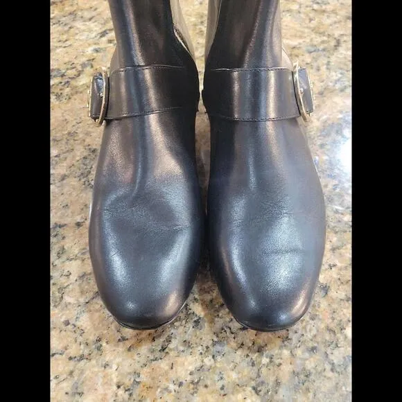 Tory Burch Sofia Wedge Tall Zip Boot Black Gold Leather Womens Shoes Sz 5.5 $528