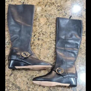 Tory Burch Sofia Wedge Tall Zip Boot Black Gold Leather Womens Shoes Sz 5.5 $528