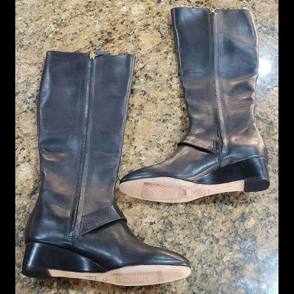 Tory Burch Sofia Wedge Tall Zip Boot Black Gold Leather Womens Shoes Sz 5.5 $528
