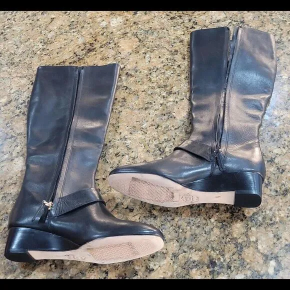 Tory Burch Sofia Wedge Tall Zip Boot Black Gold Leather Womens Shoes Sz 5.5 $528