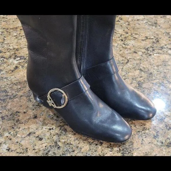 Tory Burch Sofia Wedge Tall Zip Boot Black Gold Leather Womens Shoes Sz 5.5 $528