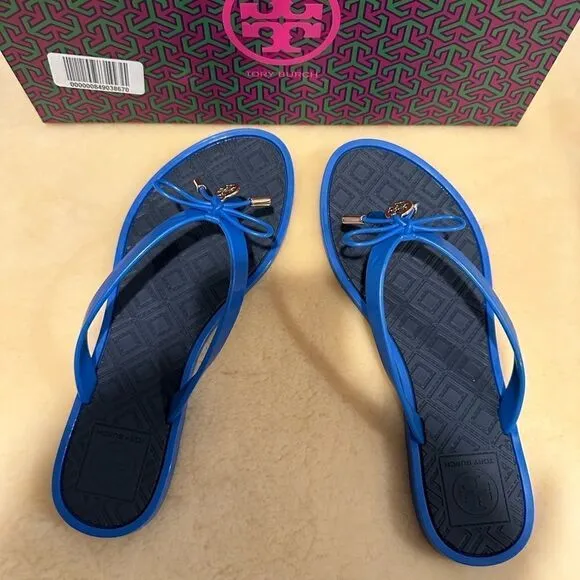 Tory Burch two tone jelly bow open toe flip flops sandals size 6, NWT