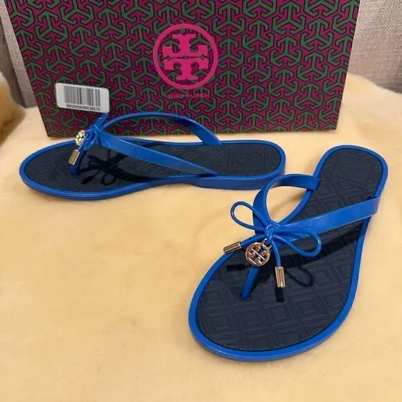 Tory Burch two tone jelly bow open toe flip flops sandals size 6, NWT