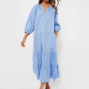 TUCKERNUCK Chambray Lyles Maxi Dress Blue Puff Sleeve Sz XL NEW