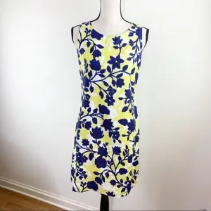 Tyler Boe Navy and Yellow Floral Linen Blend  Sheath Dress Sz S EUC