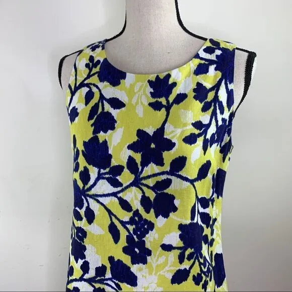 Tyler Boe Navy and Yellow Floral Linen Blend  Sheath Dress Sz S EUC