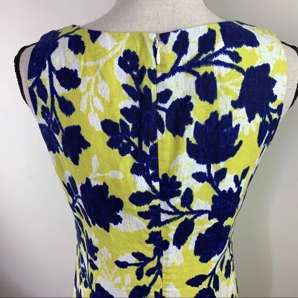 Tyler Boe Navy and Yellow Floral Linen Blend  Sheath Dress Sz S EUC