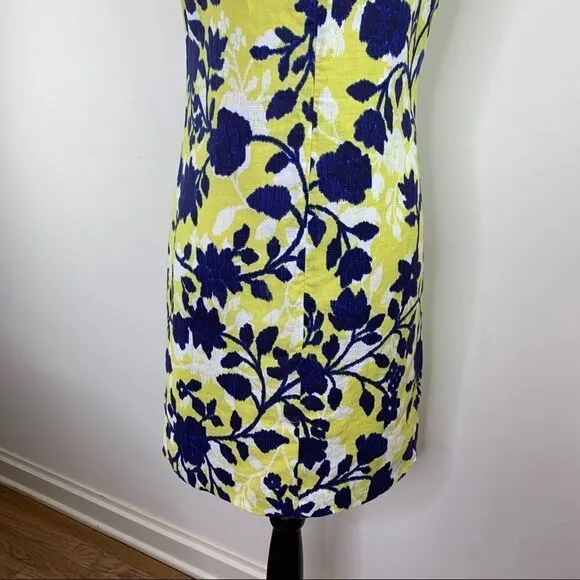 Tyler Boe Navy and Yellow Floral Linen Blend  Sheath Dress Sz S EUC