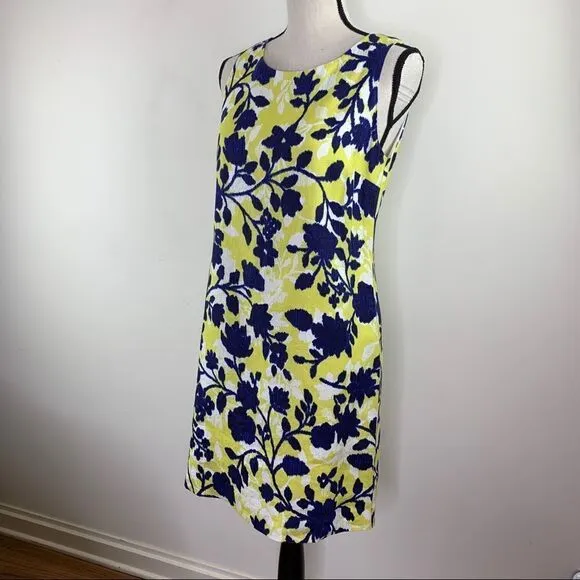 Tyler Boe Navy and Yellow Floral Linen Blend  Sheath Dress Sz S EUC