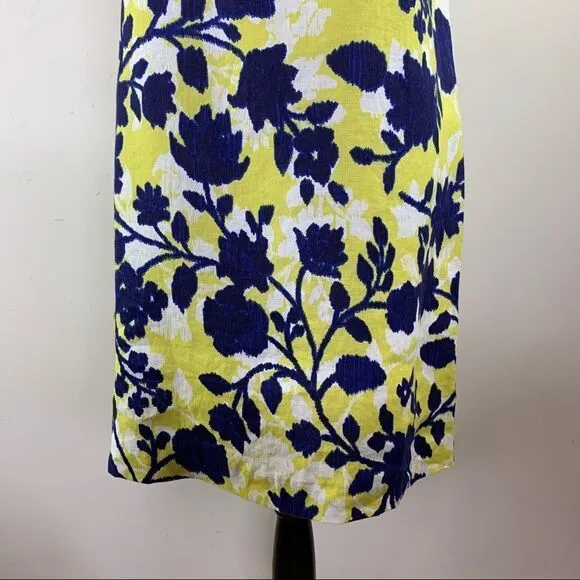 Tyler Boe Navy and Yellow Floral Linen Blend  Sheath Dress Sz S EUC