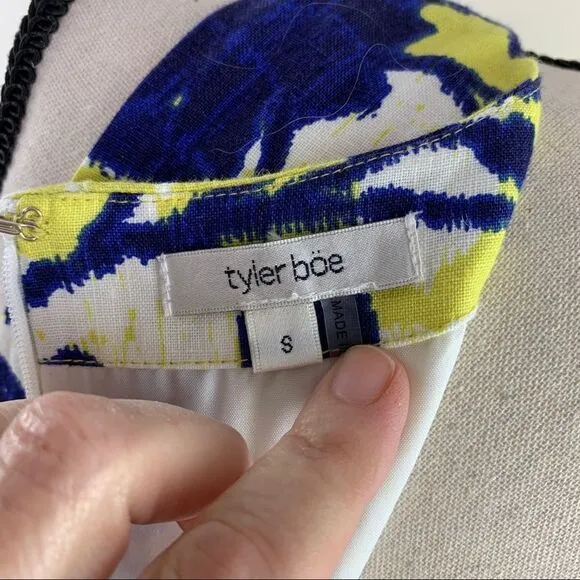 Tyler Boe Navy and Yellow Floral Linen Blend  Sheath Dress Sz S EUC