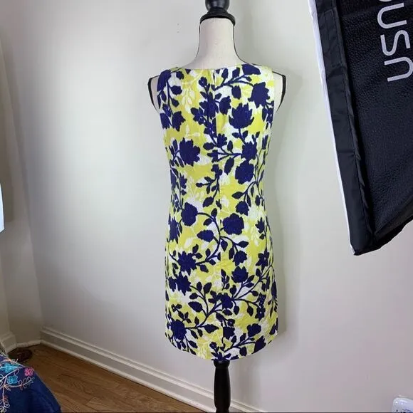 Tyler Boe Navy and Yellow Floral Linen Blend  Sheath Dress Sz S EUC