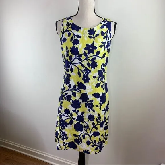 Tyler Boe Navy and Yellow Floral Linen Blend  Sheath Dress Sz S EUC
