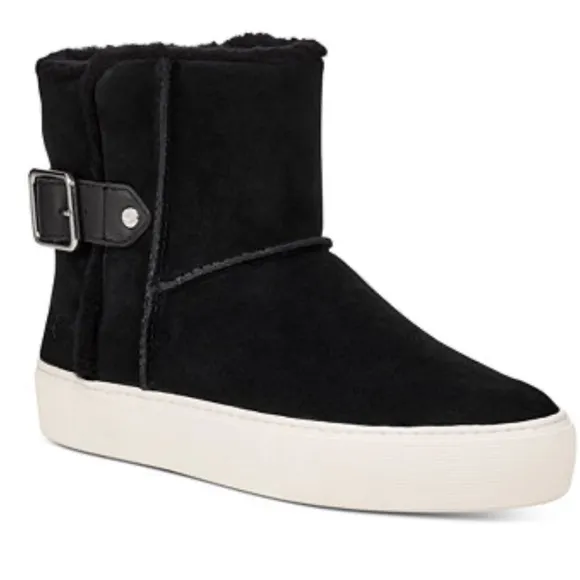 UGG Aika Black Soft Suede Leather Booties 8.5 UGGpure Wool Lining Winter Boots