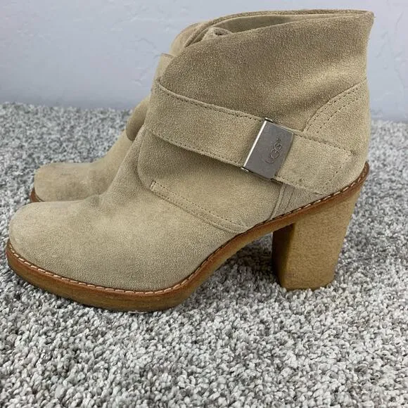 UGG Ankle Boots Beige Tan Suede Brienne Gum Sole Block Heel Booties Size 8