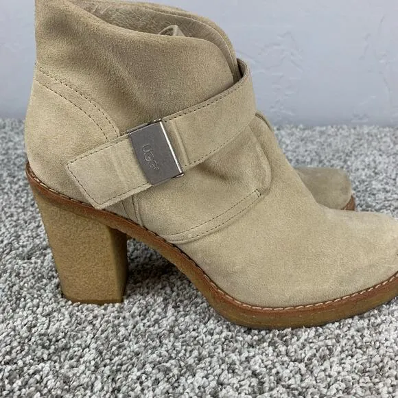 UGG Ankle Boots Beige Tan Suede Brienne Gum Sole Block Heel Booties Size 8
