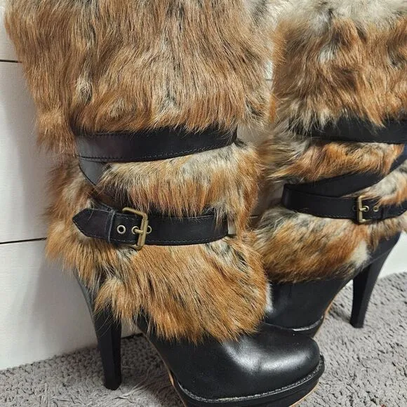 Ugg Australia Foxley Fur Leather‎ Mid Calf Platforn Heel Boots Size US 6.5