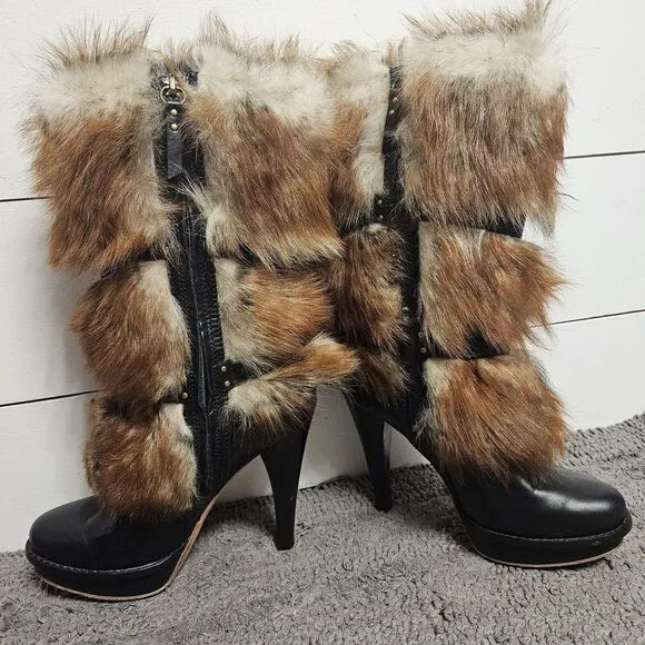 Ugg Australia Foxley Fur Leather‎ Mid Calf Platforn Heel Boots Size US 6.5