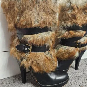 Ugg Australia Foxley Fur Leather‎ Mid Calf Platforn Heel Boots Size US 6.5