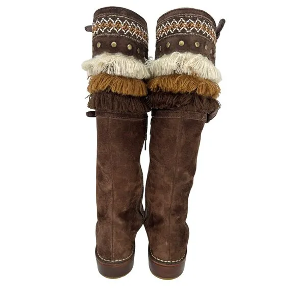UGG Australia Suede Fringe Boots Knee High Brown Boho Western Festival Size 6