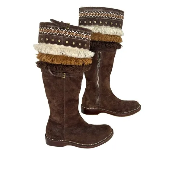 UGG Australia Suede Fringe Boots Knee High Brown Boho Western Festival Size 6