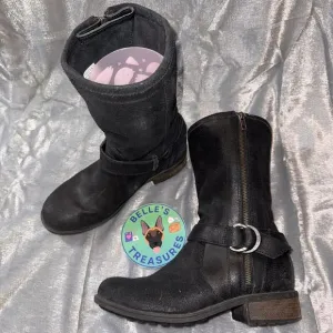 UGG Boots Womens 8 Silva Mid Calf‎ Zip 1005435 Black Suede Leather Heels Biker