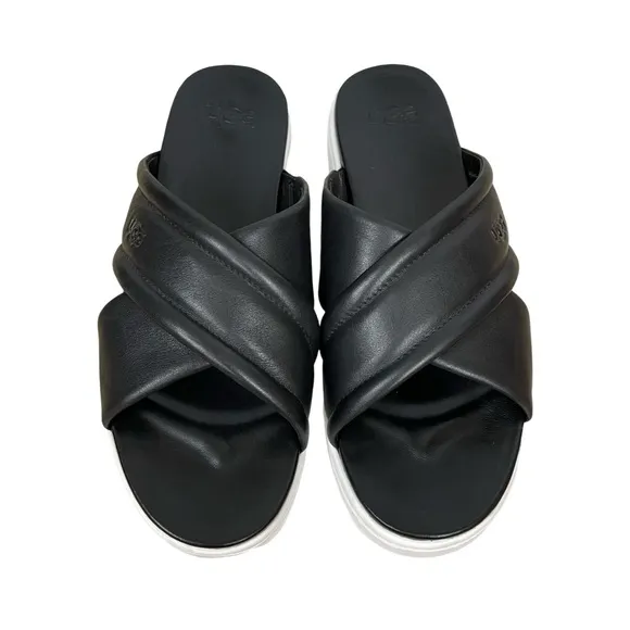 UGG Cross Strap Platform Sandals Slides LeatherBlack Women's Beach Resortwear