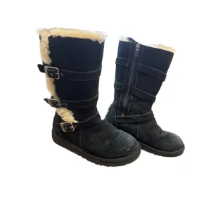 UGG Girls Black Mid Calf Fur Lined Boots Size 4 With Buckles &amp; Zipper Closure SK