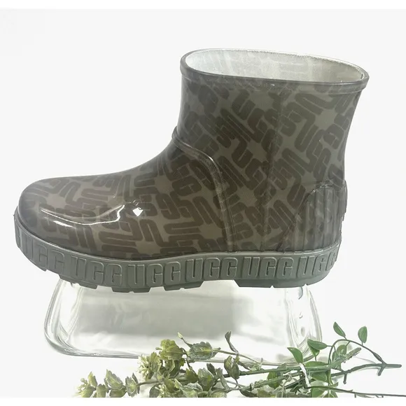 Ugg Womens Drizlita Graphic Monogram Rain Boot Size 9 US Beige Gray Logo