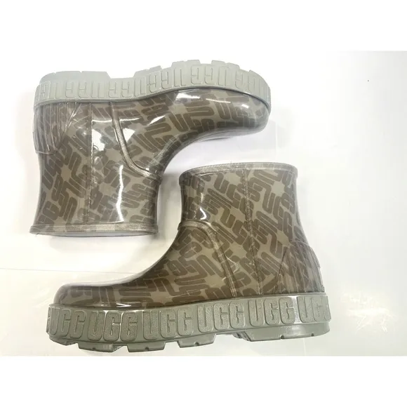 Ugg Womens Drizlita Graphic Monogram Rain Boot Size 9 US Beige Gray Logo