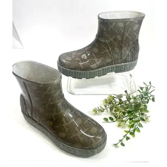 Ugg Womens Drizlita Graphic Monogram Rain Boot Size 9 US Beige Gray Logo