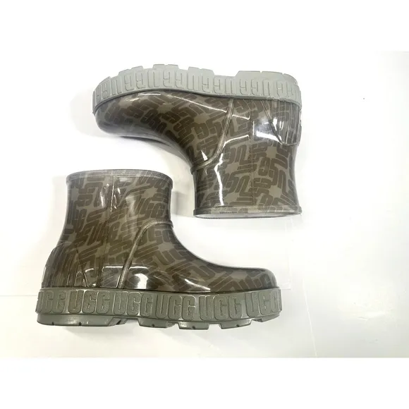 Ugg Womens Drizlita Graphic Monogram Rain Boot Size 9 US Beige Gray Logo