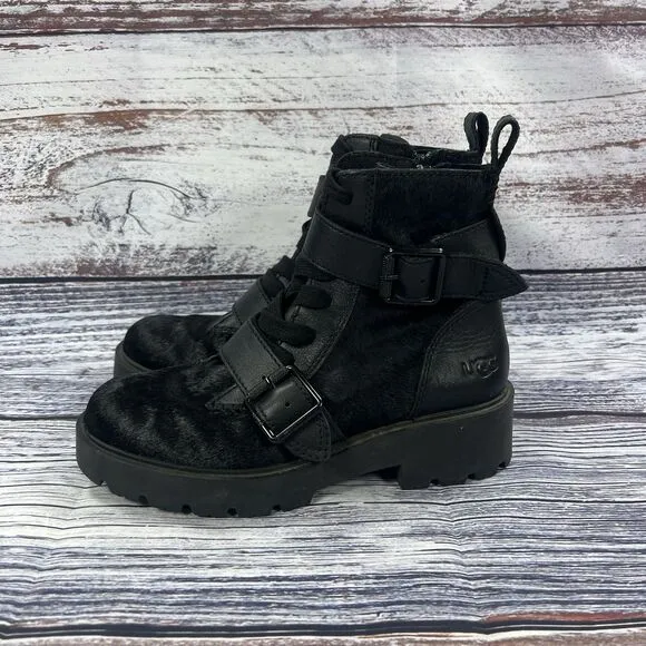 Ugg Zorrah Calf Hair Black Combat Moto Boots, Women’s Size 7