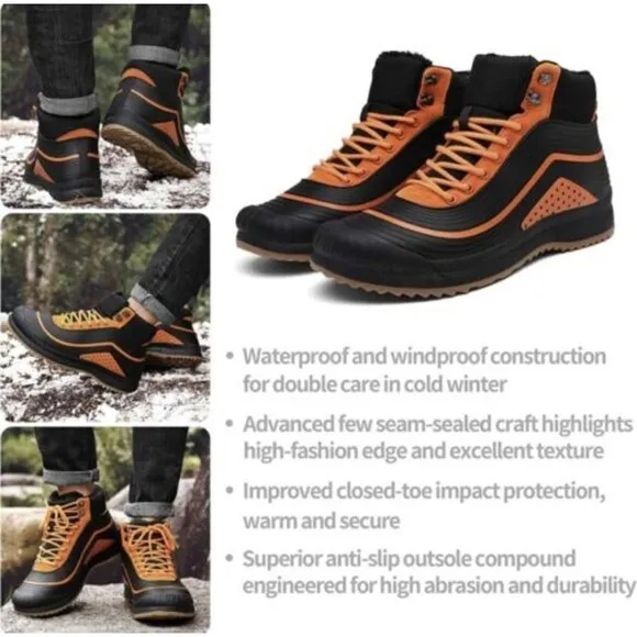 ulogu Men's Snow Boots Waterproof Fur Lined Booties Non-Slip Lightweight Winter