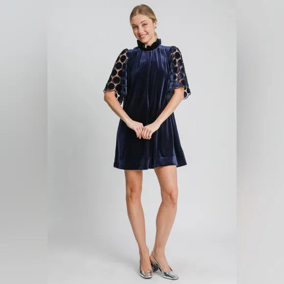 Umgee Velvet Polka-dot Lace Trapeze Ruffle Mock Neck Bow Mini Shift Dress