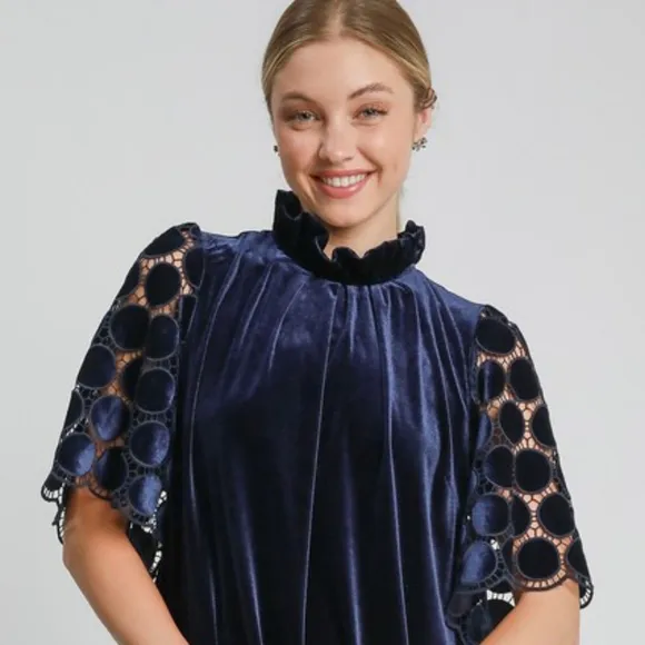 Umgee Velvet Polka-dot Lace Trapeze Ruffle Mock Neck Bow Mini Shift Dress