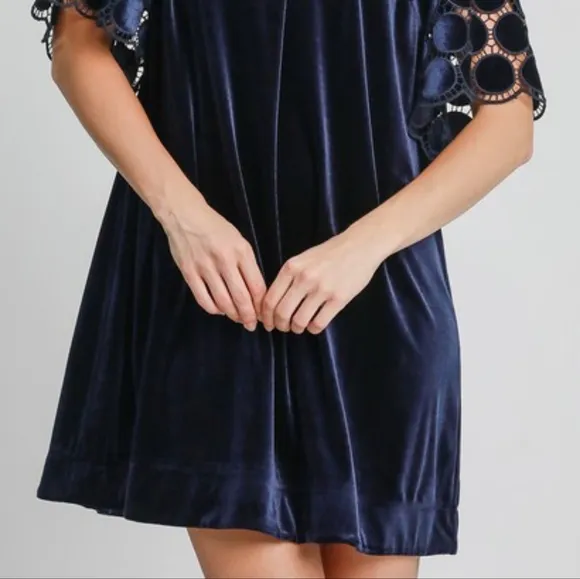 Umgee Velvet Polka-dot Lace Trapeze Ruffle Mock Neck Bow Mini Shift Dress