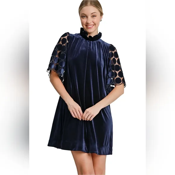 Umgee Velvet Polka-dot Lace Trapeze Ruffle Mock Neck Bow Mini Shift Dress