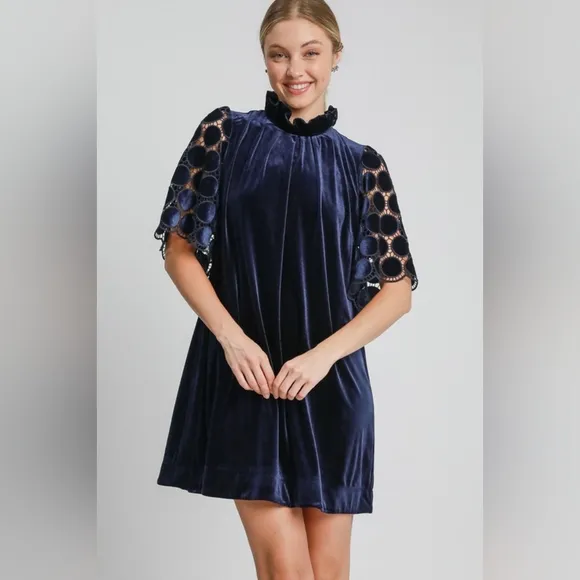 Umgee Velvet Polka-dot Lace Trapeze Ruffle Mock Neck Bow Mini Shift Dress