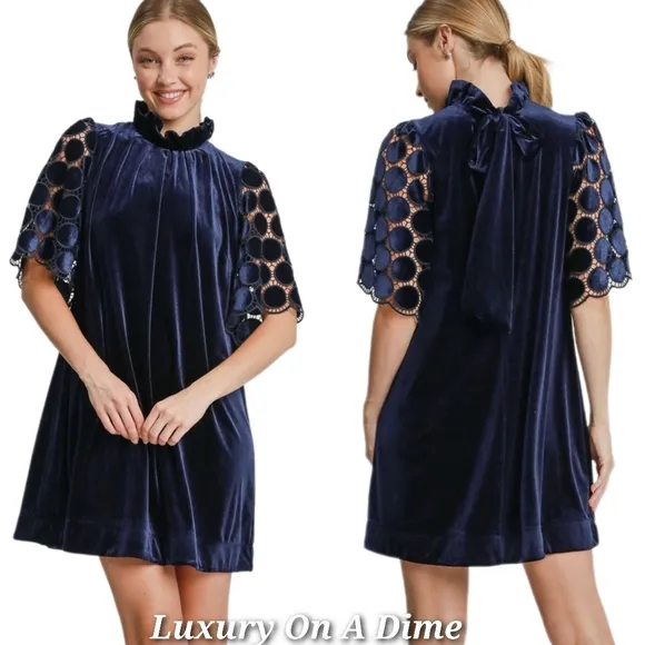 Umgee Velvet Polka-dot Lace Trapeze Ruffle Mock Neck Bow Mini Shift Dress