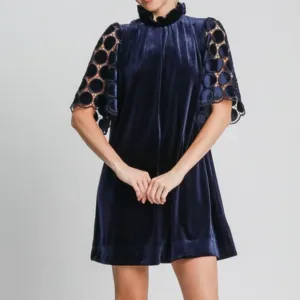 Umgee Velvet Polka-dot Lace Trapeze Ruffle Mock Neck Bow Mini Shift Dress