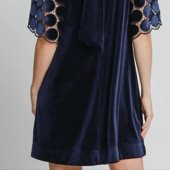 Umgee Velvet Polka-dot Lace Trapeze Ruffle Mock Neck Bow Mini Shift Dress