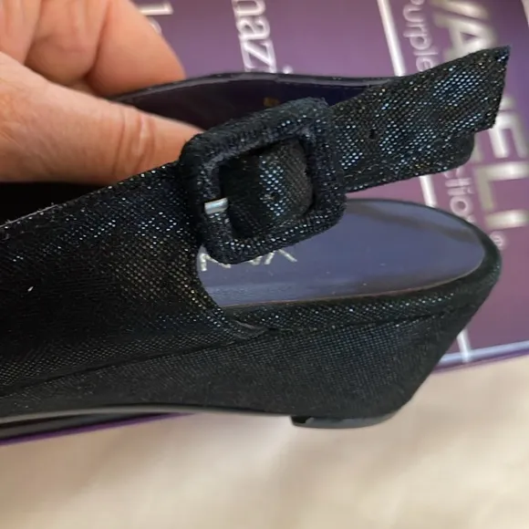 VANELI BLACK SHIMMERY WEDGE SANDALS.   PRETTY SQUARE BUCKLE.   NEW IN BOX