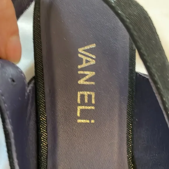 VANELI BLACK SHIMMERY WEDGE SANDALS.   PRETTY SQUARE BUCKLE.   NEW IN BOX