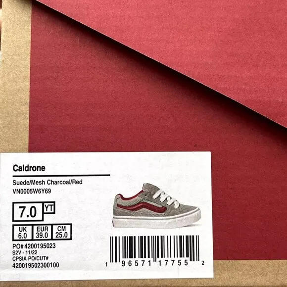 Vans Caldrone Youth Boy's Suede Sneakers Size 7 Gray-Red Classic Stylish Shoes