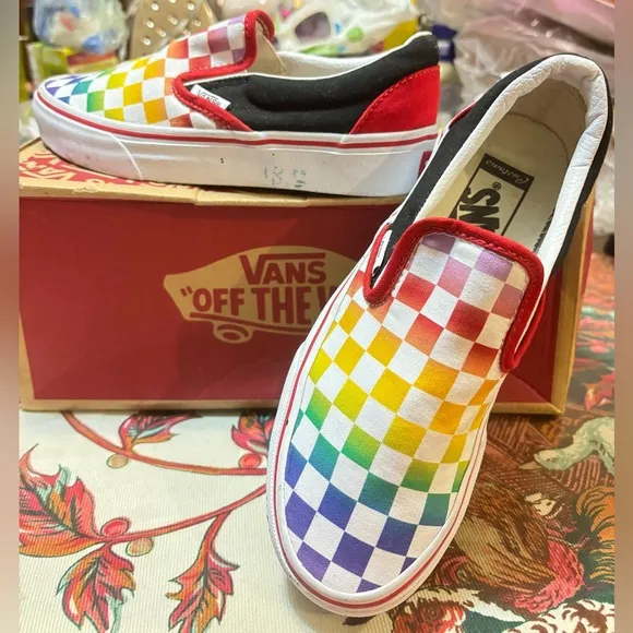 Vans Classic Slip ON Rainbow Checkerboard Skate Shoes